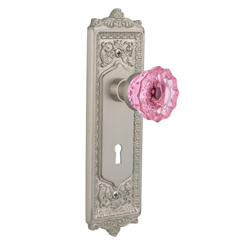 Nostalgic Warehouse EADCRP Colored Crystal Egg & Dart Plate with Keyhole Passage Crystal Pink Glass Door Knob in Satin Nickel